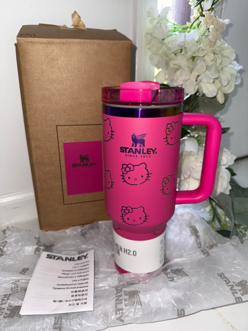 40 OZ Stanley Pink Hello Kitty Travel Mug with Purple Accent
